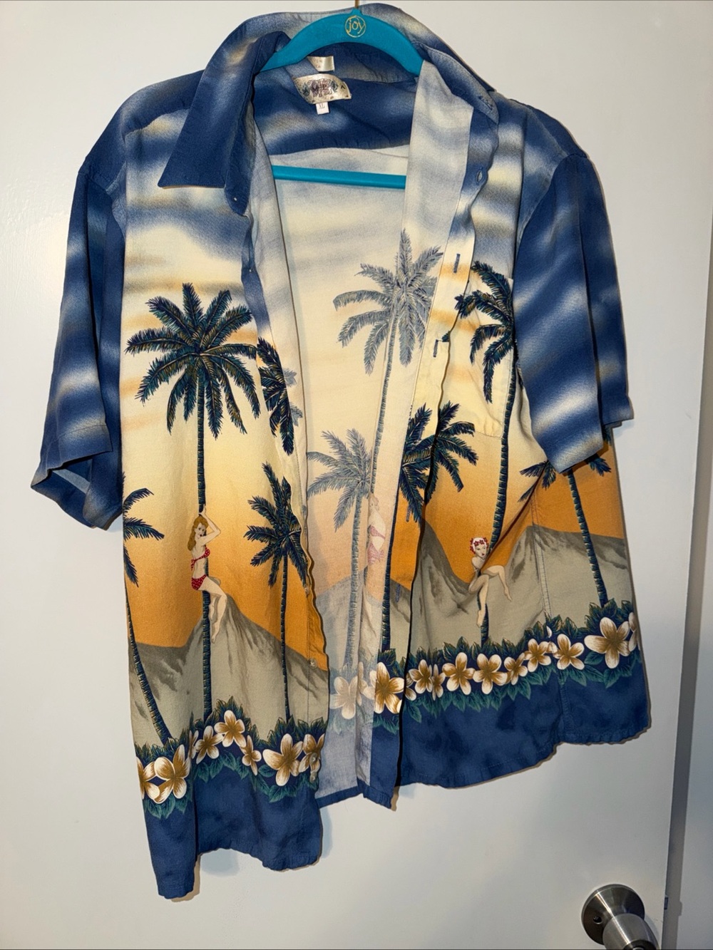 Casual Mens Hawaiian Palm Print Button-Down Shirt - Blue/Beige